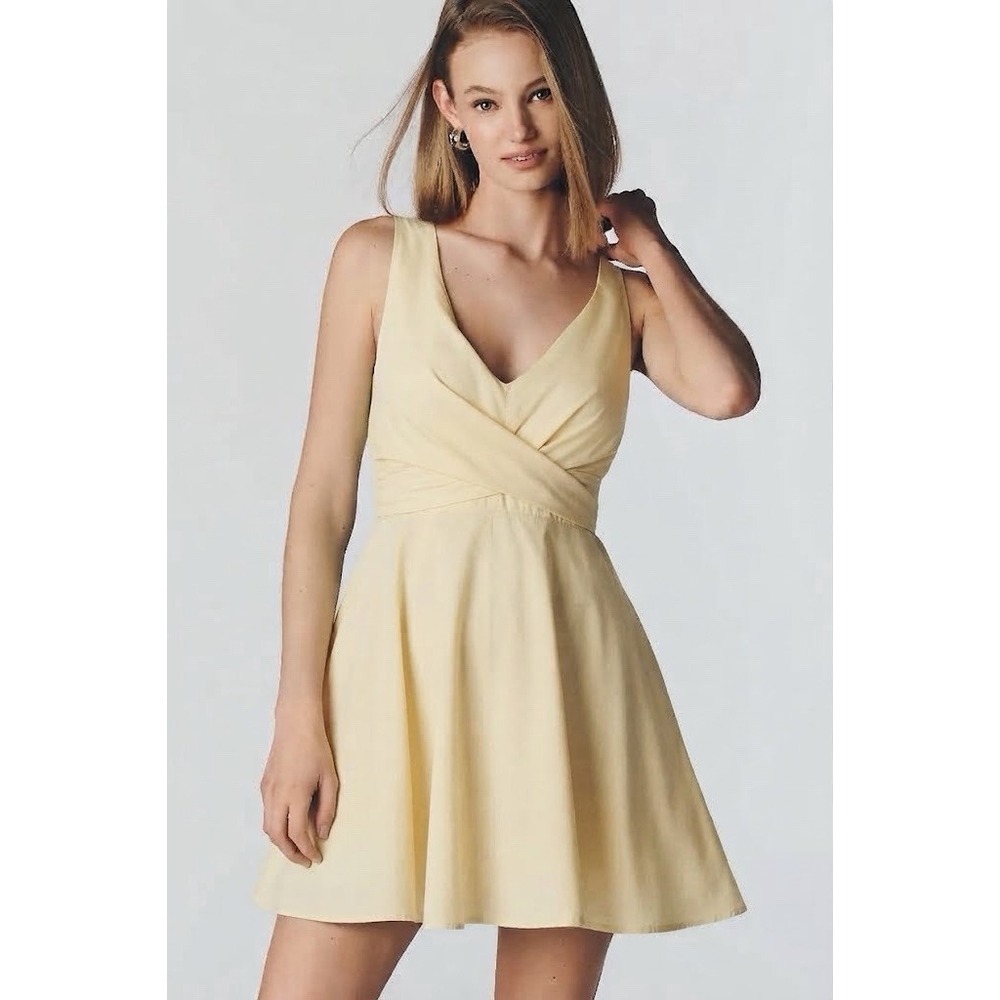 Maeve By Anthropologie Sleeveless V Neck Seersucker Mini Yellow Dress NWT Size S